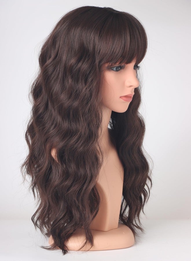 SYMEIW Medium Long Brown Wavy Wigs For Women Synthetic Full Hair Wigs With Bangs For Daily Use (brown) - Image 5